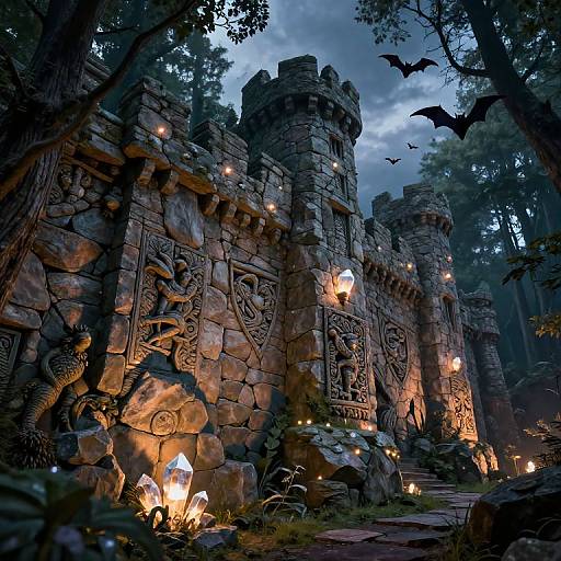 Mysterious, dimly-lit medieval stone castle with intricate carvings, glowing lanterns, and bats flying in a dense forest at dusk.