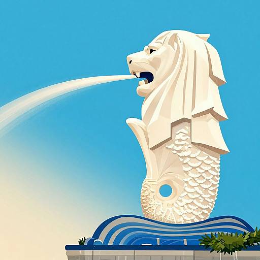 Digital illustration of Singapore's Marina Bay Sands Merlion, white sculpture with flowing water, blue sky, and waves on base.