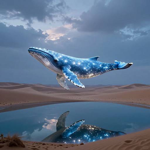 Photograph of a glowing blue whale with star-like patterns, flying above a desert oasis with a reflective water pool.