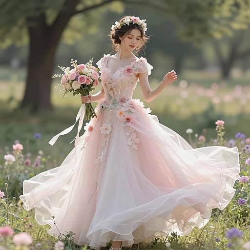 Bride in Pink Floral Wedding Dress in Meadow