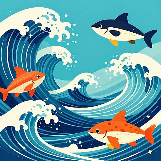 Digital illustration of three colorful fish swimming amidst dynamic, blue ocean waves with white foam, set against a bright blue sky.