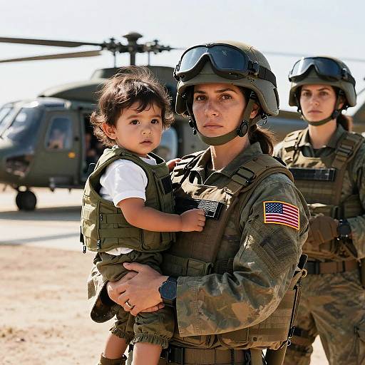 Soldier with Toddler and Helicopters