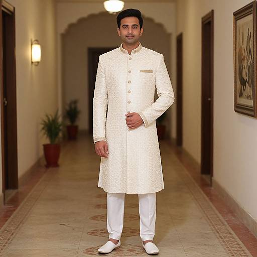 Photograph of a South Asian man in a white embroidered traditional kurta and white pants, standing in a warmly lit, carpeted hallway with potted