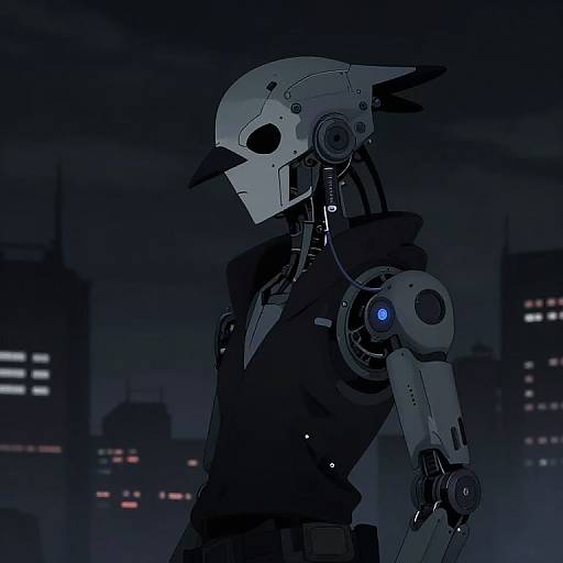 Digital art of a cyberpunk robot with a white, bird-like helmet, blue-lit shoulder, and dark jacket, against a dark, cityscape