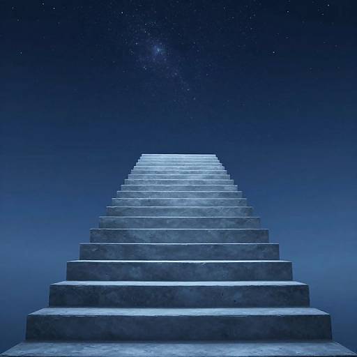 Photograph of a glowing, blue-lit stone staircase ascending into a starry night sky, creating a sense of infinite ascent.