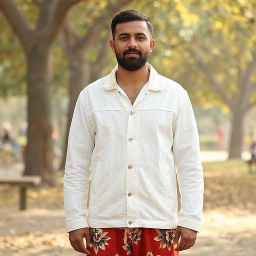 Man in White Jacket and Red Floral Pants in Park