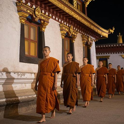 Buddhist Monks Walking at Night Near Temple