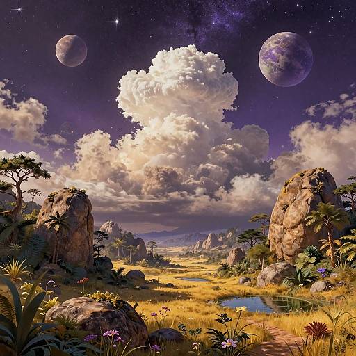 Digital fantasy landscape: vivid purple sky with stars, large fluffy clouds, three planets, rocky terrain, yellow grass, lush flora, and a reflective pond