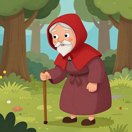 Cartoon-style image of an elderly man with white beard, red hood, brown robe, and wooden cane, standing in a colorful forest.