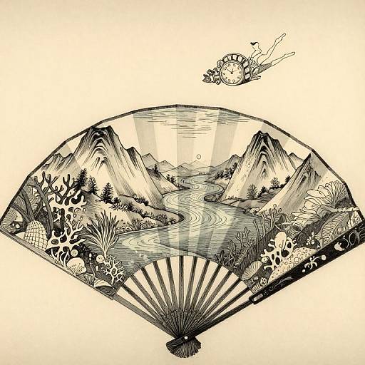 Black-and-white ink drawing of a hand fan featuring a serene mountain landscape with a winding river, surrounded by flora, and a floating fish above.