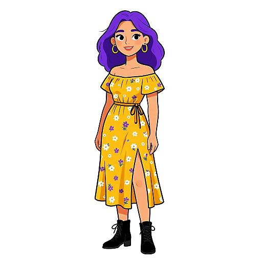 Cartoon-style digital drawing of a woman with purple hair, wearing a yellow off-shoulder floral dress, black ankle boots, and hoop earrings.