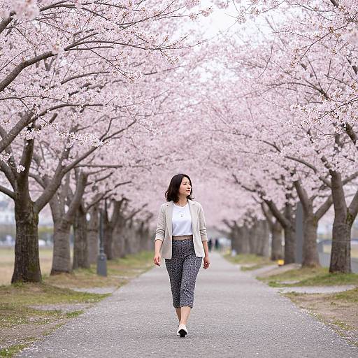 Cherry Blossom Pathway with Stylish Woman