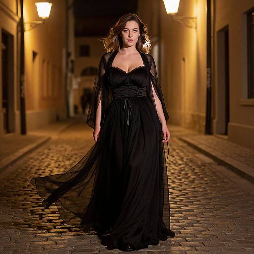 Photograph of a brunette woman in a flowing, black, sheer dress walking down a cobblestone street at night, illuminated by warm street lamps.