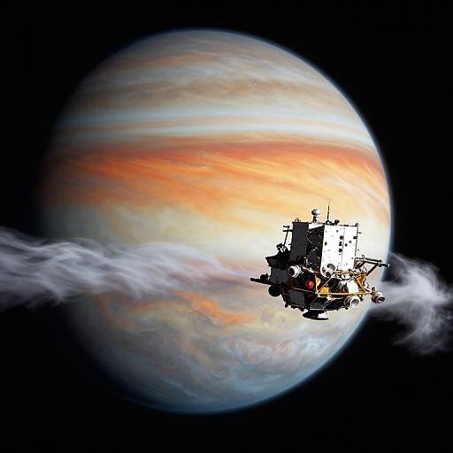 Photograph of a spacecraft silhouetted against Jupiter, with its orbit creating a white cloud trail, set against Jupiter's colorful bands.