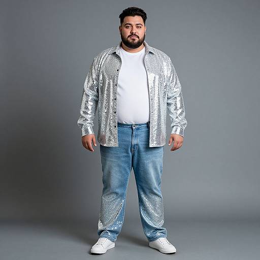Photograph of a bearded man with short black hair, wearing a silver sequined jacket, white t-shirt, blue jeans, and white sneakers,