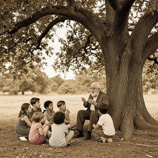 Sepia-toned photograph of an elderly man with glasses, sitting under a large tree, surrounded by six children, listening intently.