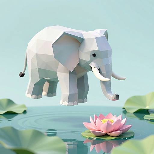 Polygonal 3D digital art of a white elephant standing in a blue water pond with a pink lotus flower and green lily pads.