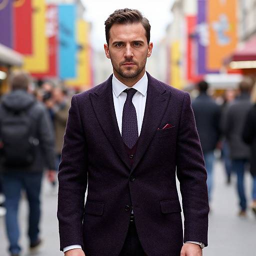 Photograph of a serious, attractive man with short brown hair, wearing a dark purple suit, white shirt, and black tie, standing in a busy