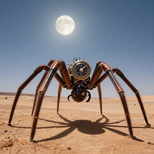 Photograph of a futuristic, mechanical spider with intricate gears and a glowing moon in a clear, blue desert sky.