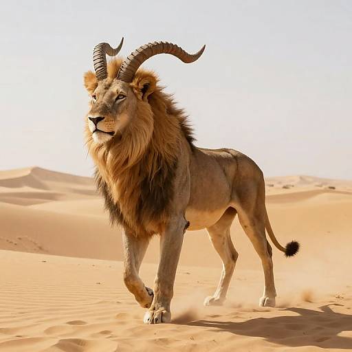 Photograph of a majestic, horned desert lion with a dark mane, walking through sunlit, golden sand dunes under a clear blue sky.
