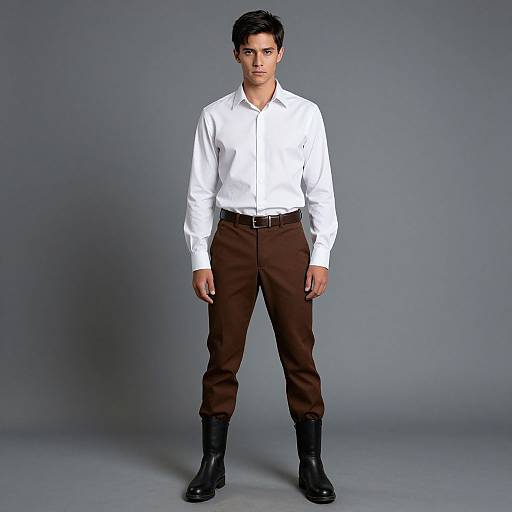 Photograph of a serious-looking man with short black hair, wearing a white long-sleeve shirt, brown pants, black belt, and black boots