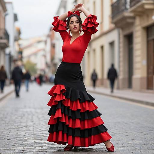 Photograph of a Latina woman with dark hair in a red blouse and multi-layered black and red skirt, posing on a cobblestone street,