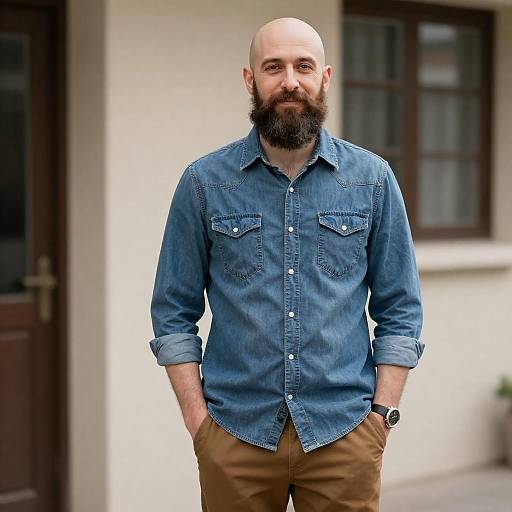 Bearded Bald Man in Denim Shirt