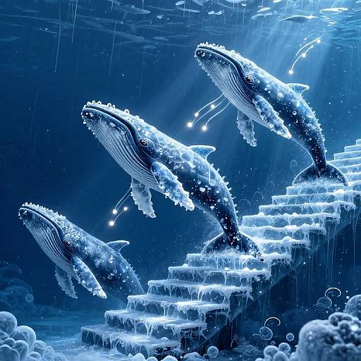 Digital artwork of three blue, bioluminescent humpback whales ascending icy, underwater stairs surrounded by bubbles and beams of light.
