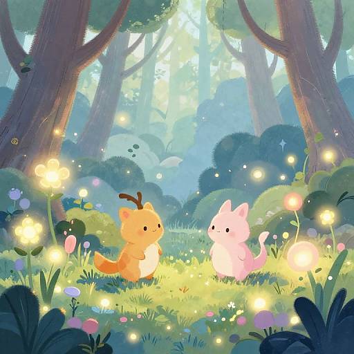 Whimsical forest scene with two cute, cartoonish animals—a small orange creature with a twig antler and a pink one—surrounded by glowing