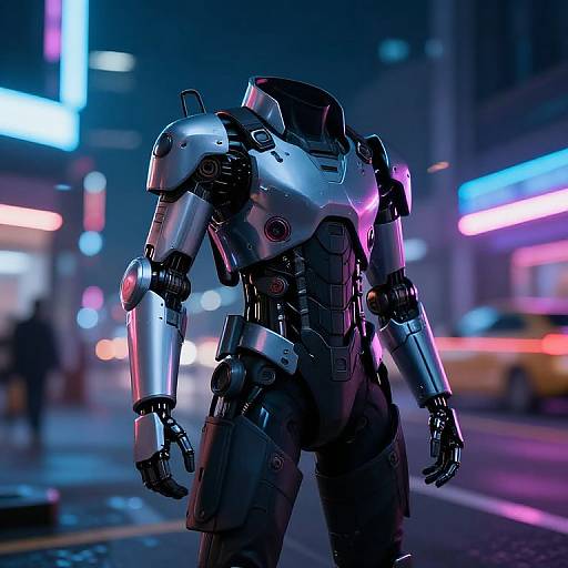 Futuristic Mechanical Suit in Cyberpunk City