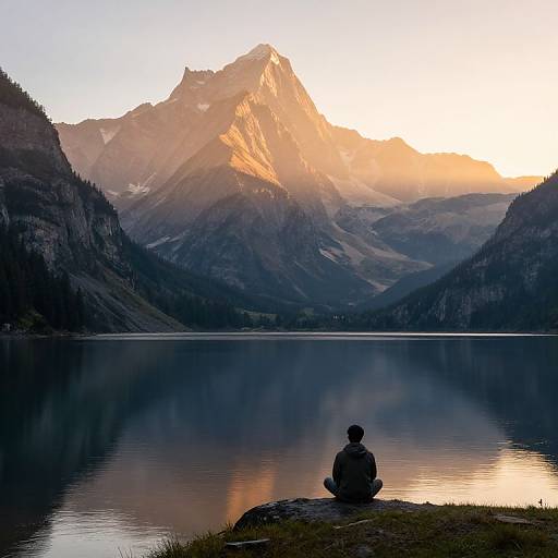Photograph of a solitary figure sitting on a grassy lakeshore, gazing at a sunlit, towering mountain range reflected in a calm,