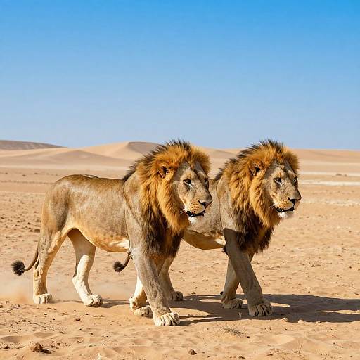 Majestic Lions Striding Across Desert