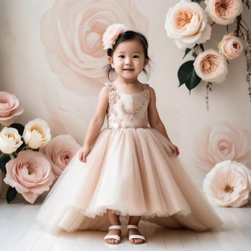 Young girl in elegant tulle dress with floral backdrop