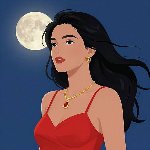 Digital illustration of a beautiful woman with long black hair, wearing a red dress, gold necklace, and earrings, gazing at a full moon against a