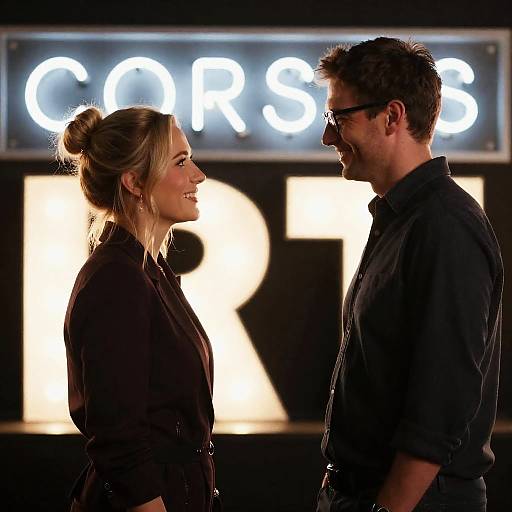 Couple Smiling Under Neon Marquee Lights
