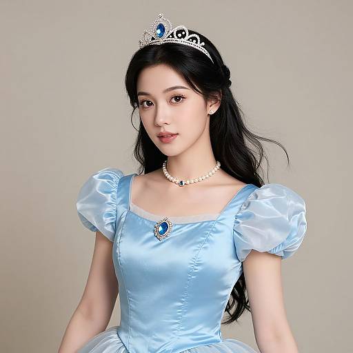 Digital rendering of an East Asian princess with long black hair, wearing a light blue satin dress, silver tiara, pearl necklace, and blue gemstone
