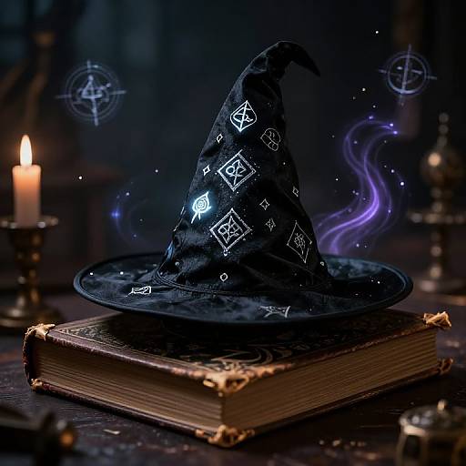 Magical photograph of a black wizard hat adorned with white runes and symbols, atop an old, leather-bound book, with a glowing candle and purple star