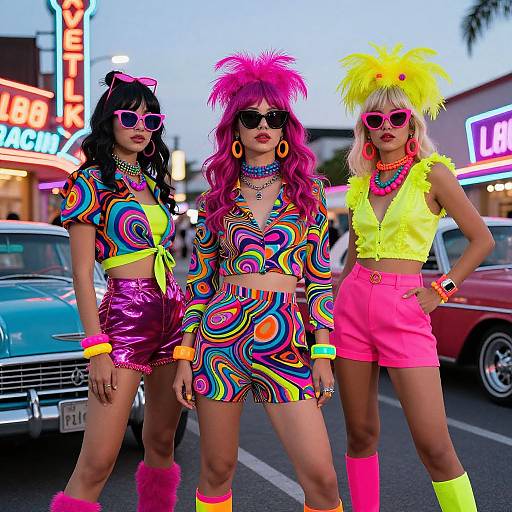 Photograph of three women in vibrant, 1980s-inspired outfits with neon colors, big hair, and retro accessories, standing in a neon-l