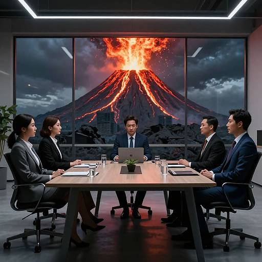 Photograph of four business professionals in suits seated around a conference table, with a dramatic, erupting volcano on a large window behind them, creating a