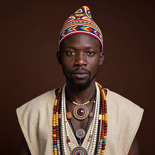 Photograph of an African man with dark skin, wearing a colorful headwrap, white sleeveless shirt, and multiple beaded necklaces, against a