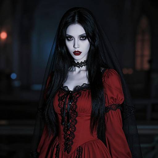 Photograph of a pale-skinned woman with long black hair, wearing a red lace-trimmed dress, black choker, and veil, in