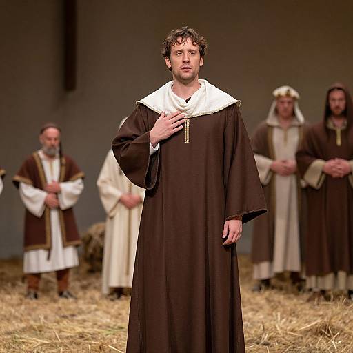 Photograph of a man in a medieval-style brown robe with white collar, standing center-stage, surrounded by four blurred, similarly dressed figures, on a