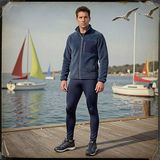 Photograph of a fit, serious-looking man in a navy zip-up hoodie, black pants, and running shoes, standing on a wooden dock with colorful