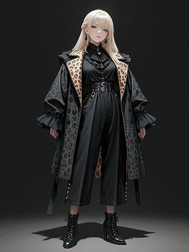 Digital artwork of a blonde woman in a black dress, leopard-print coat, and black boots, standing against a dark background.