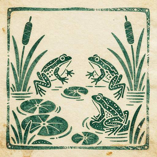 Woodcut Frogs Leaping Between Lily Pads