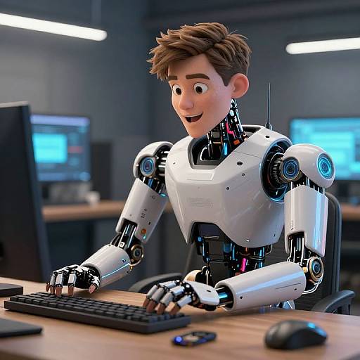 CGI image of a happy, brown-haired, cartoon-style, male robot with white and black metallic body, typing on a keyboard in a modern office