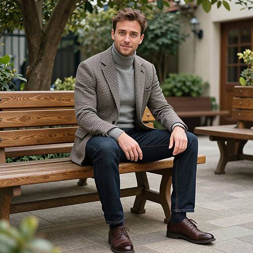 Photograph of a handsome man with short brown hair, beard, wearing a grey turtleneck, checkered blazer, black jeans, and brown