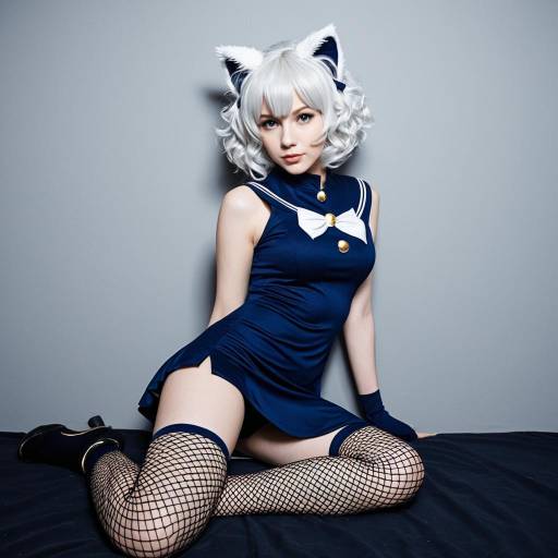 Cosplay Woman in Navy Blue Cat Outfit