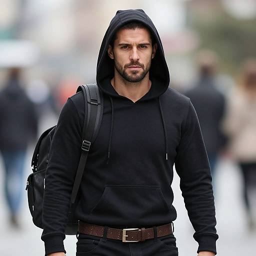 Photograph of a handsome, bearded man with a serious expression, wearing a black hooded sweatshirt, brown belt, and black backpack, standing