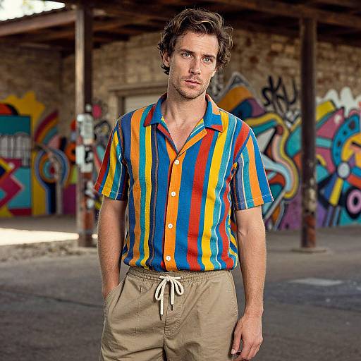 Photograph of a young man with wavy brown hair, wearing a colorful striped shirt and beige pants, standing in a graffiti-covered, industrial warehouse.